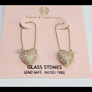 HOUSE OF HARLOW 1960 Gold-Tone Pavé Crystal Heart Threader Dangle Earrings NWT